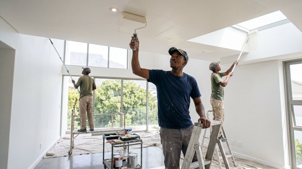 Professional ceiling painters rolling white paint onto a high ceiling in Mouille Point