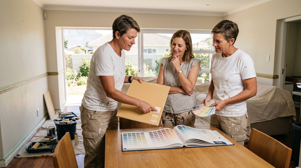 Professional colour consultant showing paint swatches to a homeowner in Mouille Point