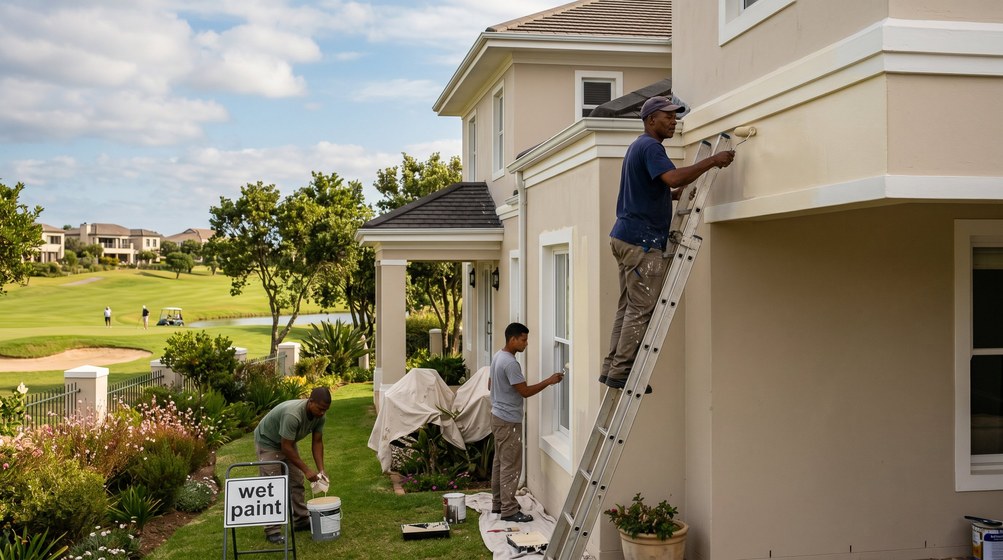 Professional estate painters painting a luxury golf estate home in Mouille Point