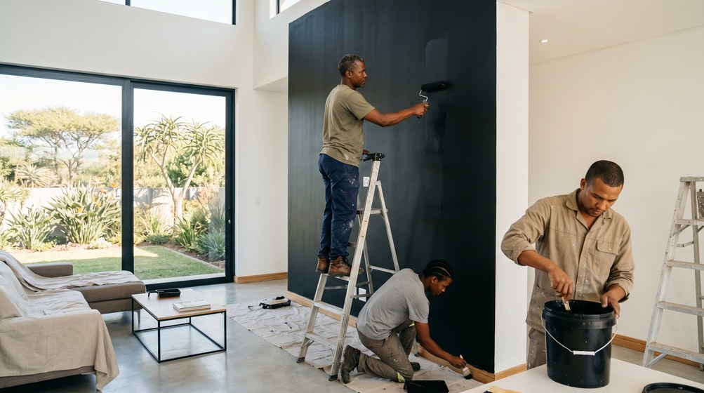 Professional painters creating a bold black feature wall in a modern Mouille Point home