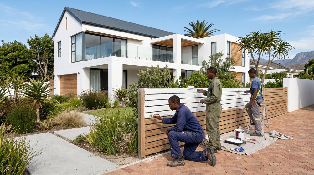 Professional fence painters painting a wooden fence at a Mouille Point home in Mouille Point
