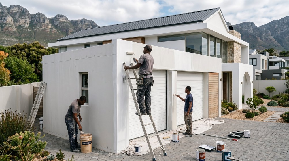 Professional painters painting a double garage exterior and garage doors in Mouille Point