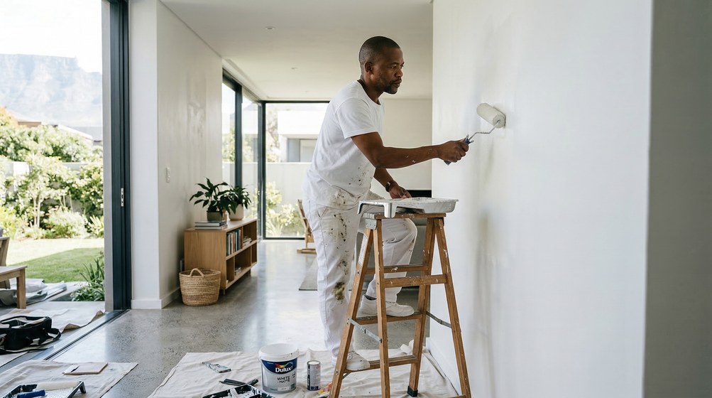 Professional interior painter in Mouille Point painting walls with a roller