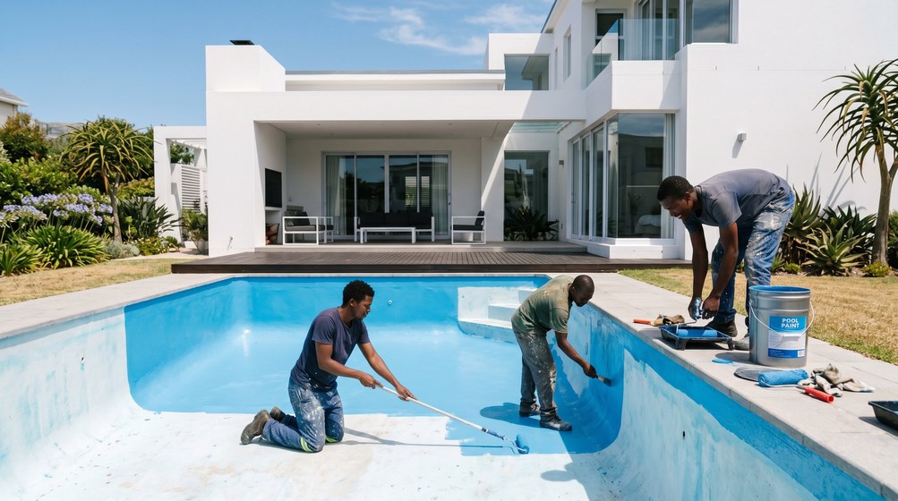 Professional pool painters applying blue pool paint to a swimming pool in Mouille Point