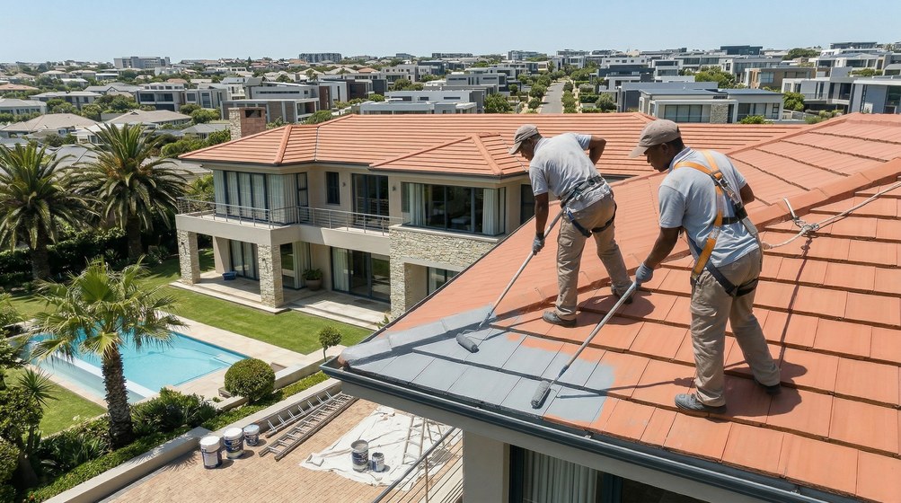 Professional roof painters applying waterproof coating to tiled roof in Mouille Point