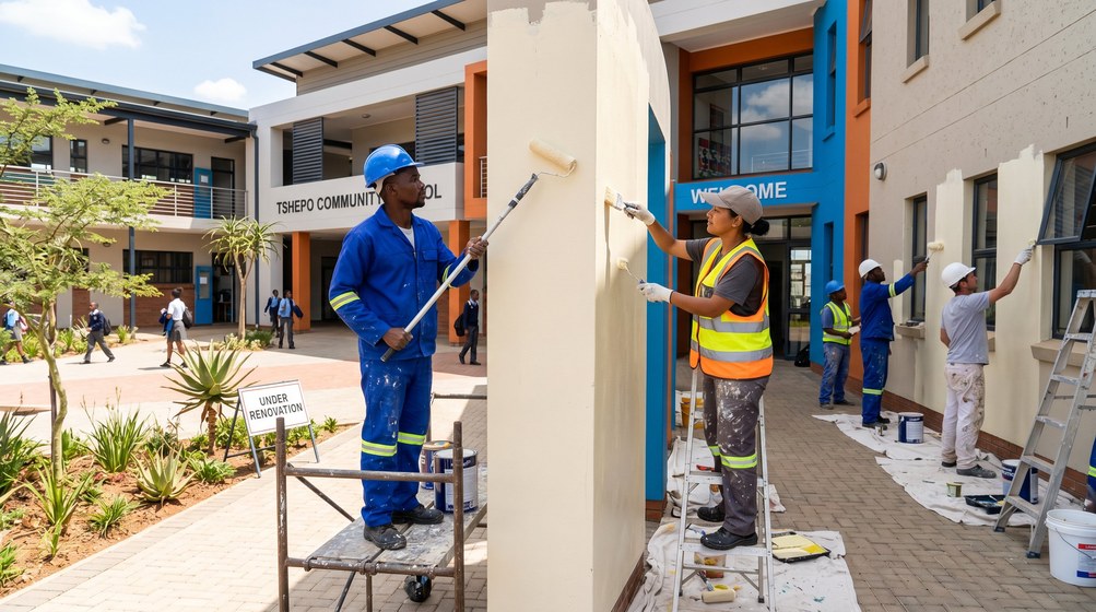 Professional school painting team painting a community school in Mouille Point