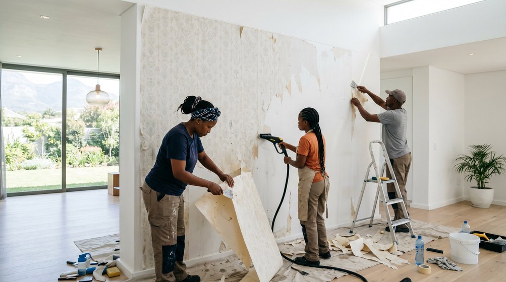 Professional wallpaper removal team stripping old wallpaper in a Mouille Point home
