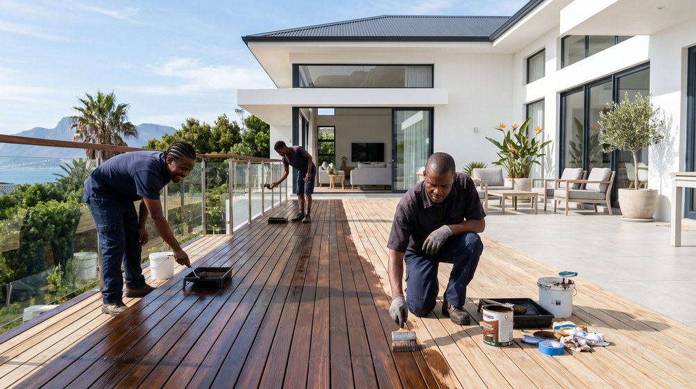 Professional wood staining team applying deck stain on a home in Mouille Point